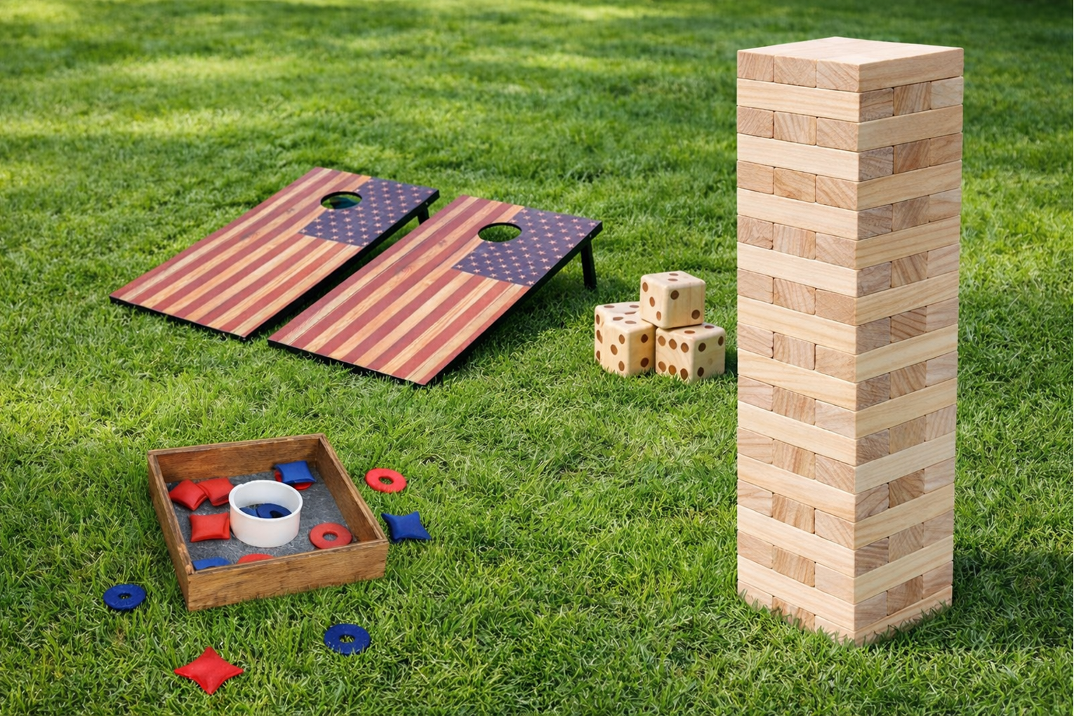 Classic Yard Games Package including cornhole, giant jenga, washers, and giant yatzee
