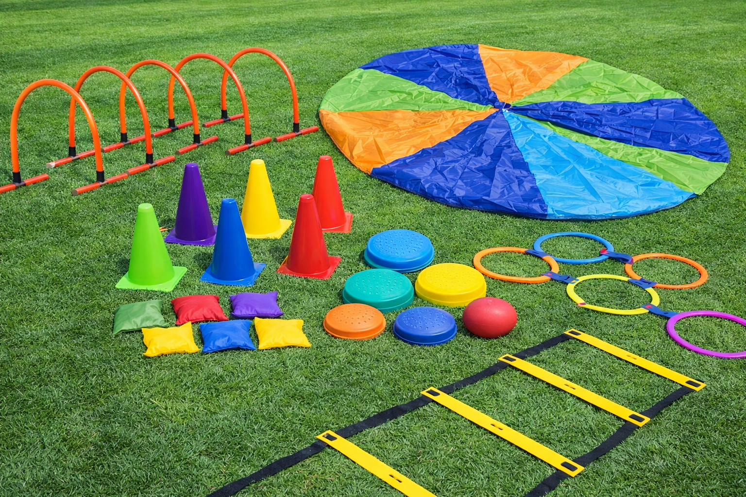 Kids backyard obstacle course rental with cones, agility ladder, stepping stones, rings, parachute, and training arches