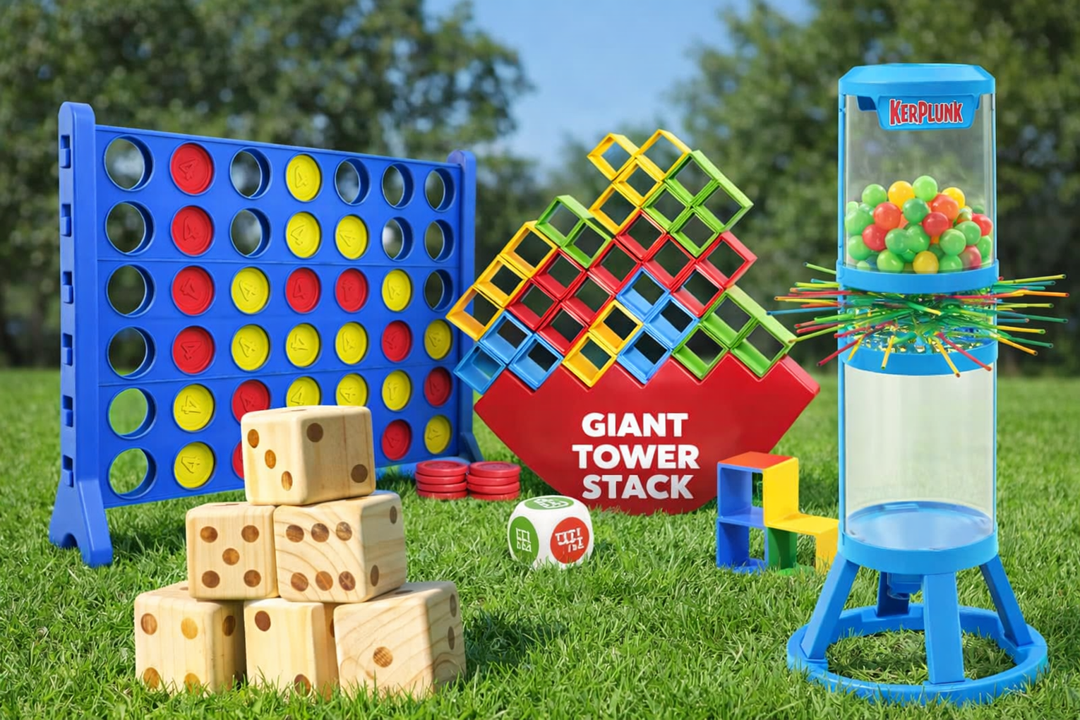 Mega Yard Games Package including giant yatzee, giant kerplunk, giant tetris, giant connect 4