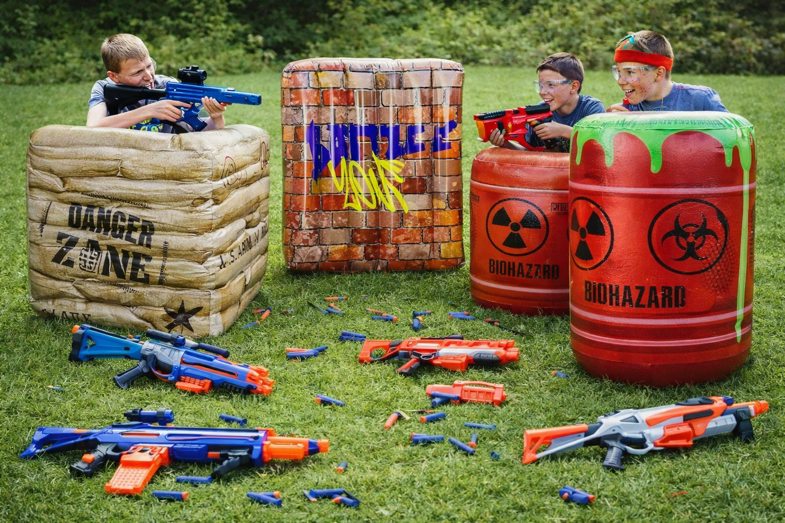 DIY Nerf Wars rental package with foam dart blasters and barricades